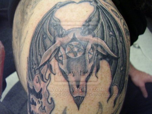Devil Wings Goat Head Tattoo On Shoulder