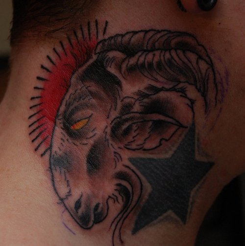 Grey Ink Goat Head And Black Star Tattoo On Neck