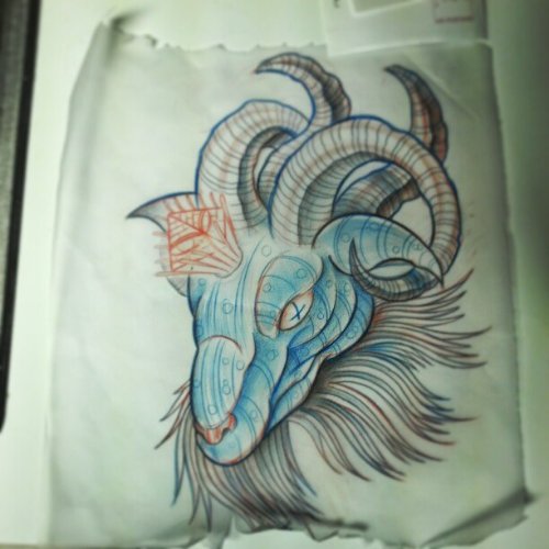 Blue ink Goat Head Tattoo Design