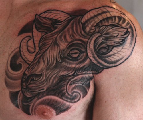 Grey Ink Goat Head Tattoo On Left Collarbone