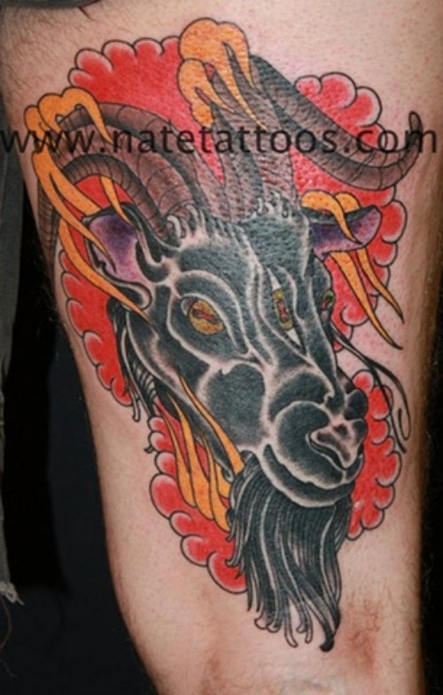 Black Ink Goat Head Tattoo On Girl Chest