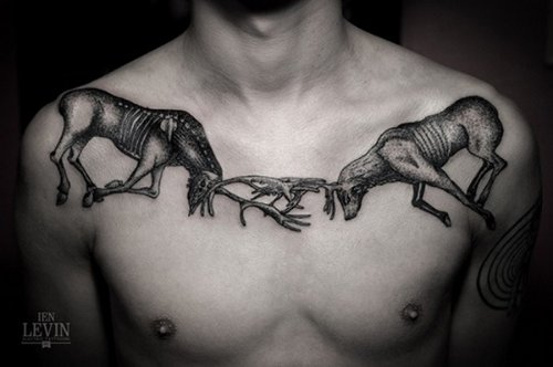 Chest Deer And Goat Fight Tattoo
