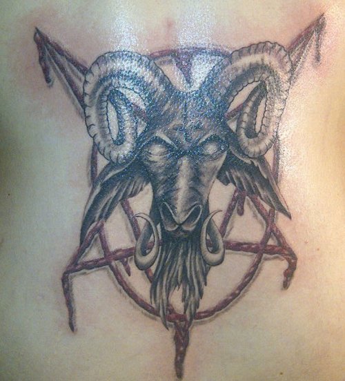 Pentagram Goat Head Grey Ink Tattoo On Back