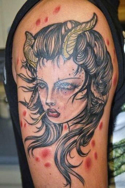 Girl Head With Goat Horns Tattoo On Half Sleeve