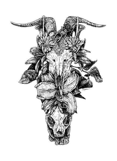 Grey Ink Flowers And Goat Head Tattoo Design