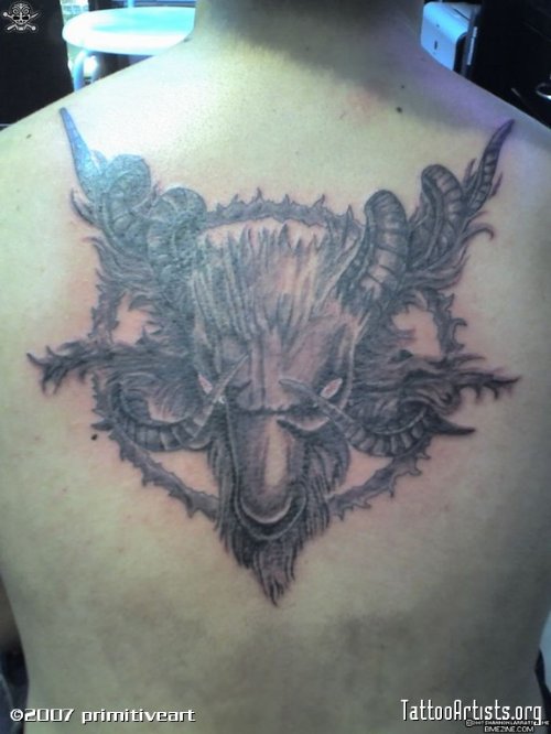 Attractive Grey Ink Goat Head Tattoo On Upperback