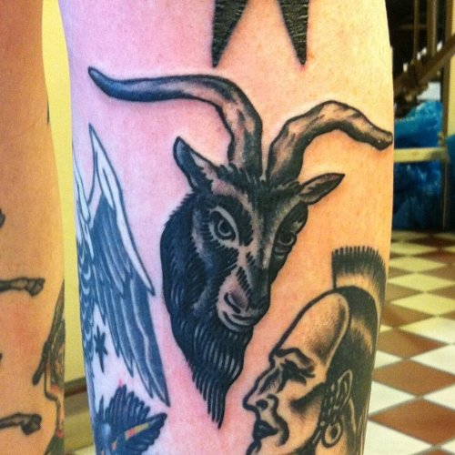 Black Ink Goat Head Tattoo On Leg