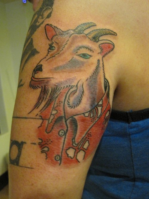 Grey Ink Goat Head Tattoo On Girl Half Sleeve