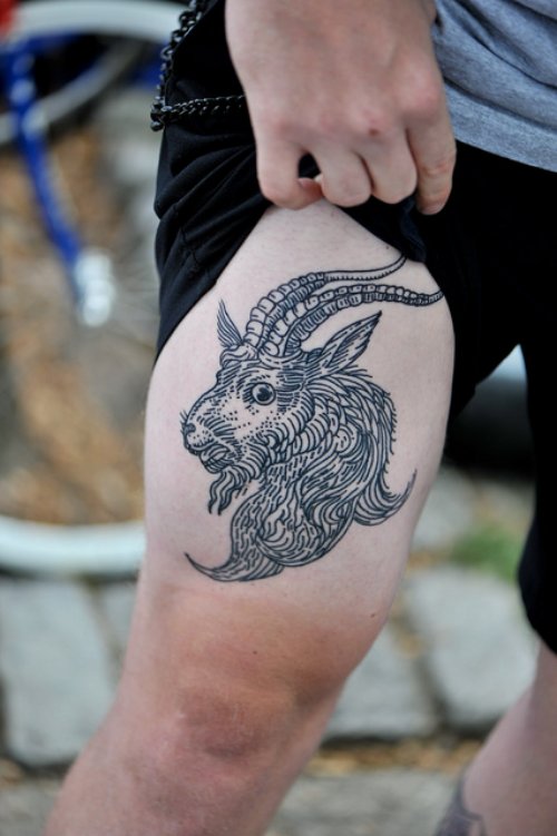 Grey Ink Goat Head Thigh Tattoo