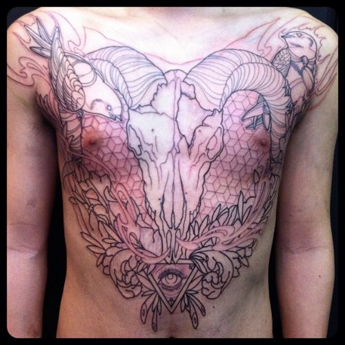 Awesome Goat Skull Tattoo On Man Chest