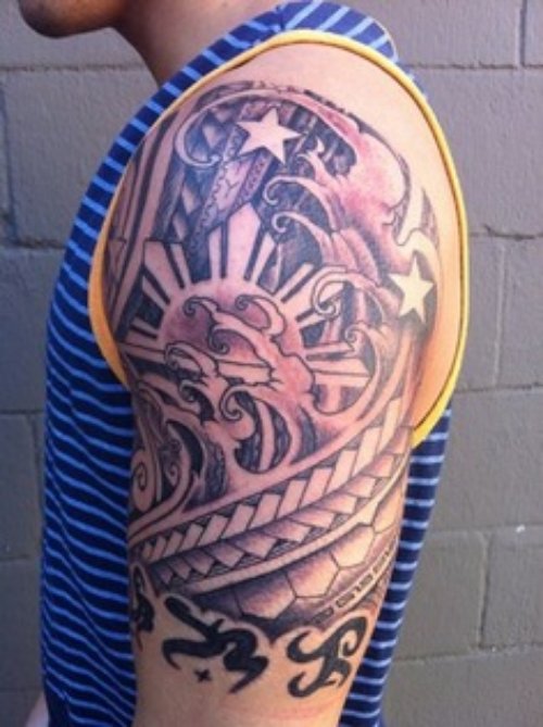 Grey Ink Goblin Tattoo On Left Half Sleeve
