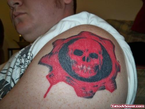 Red Ink Gothic Tattoo On Man Left Shoulder