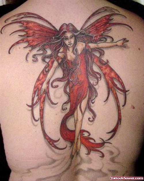 Red Ink Gothic Fairy Tattoo On Back