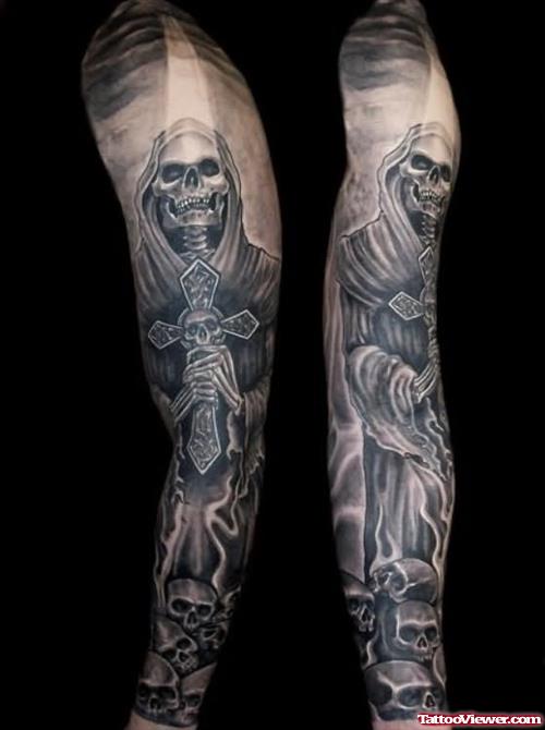 Grey Ink Gothic Tattoos On Both Sleeves
