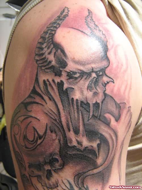 Grey Ink Gothic Demon Tattoo On Right Half Sleeve
