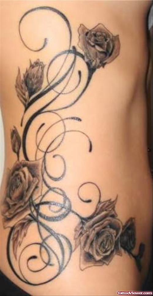 Gothic Rose Tattoo On Side Rib