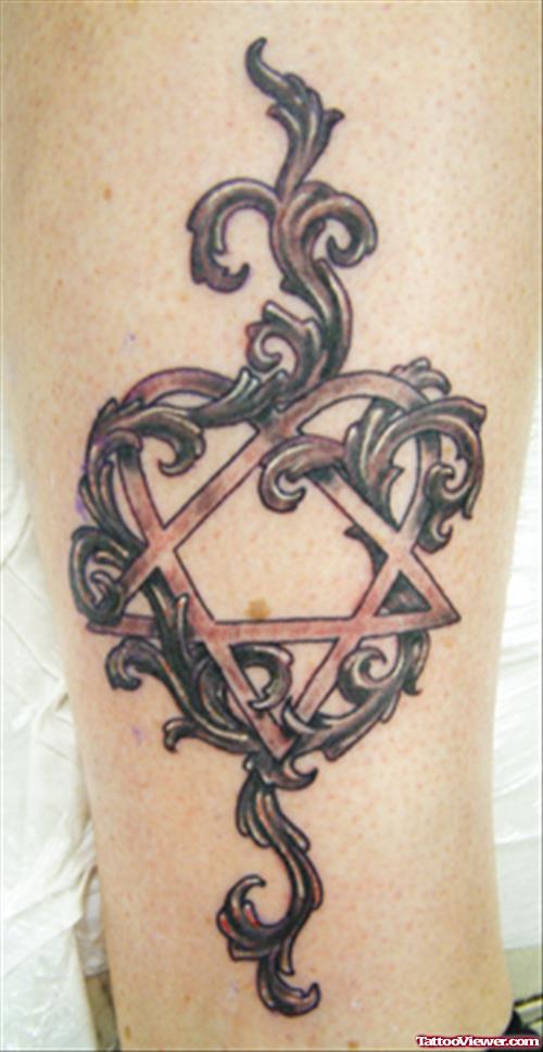 Gothic Heartogram Tattoo On Leg