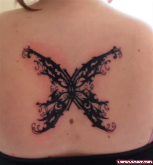 Black Ink Gothic Butterfly Tattoo On Back