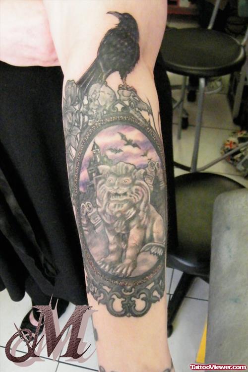 Grey Ink Gothic Tattoo On Left Sleeve