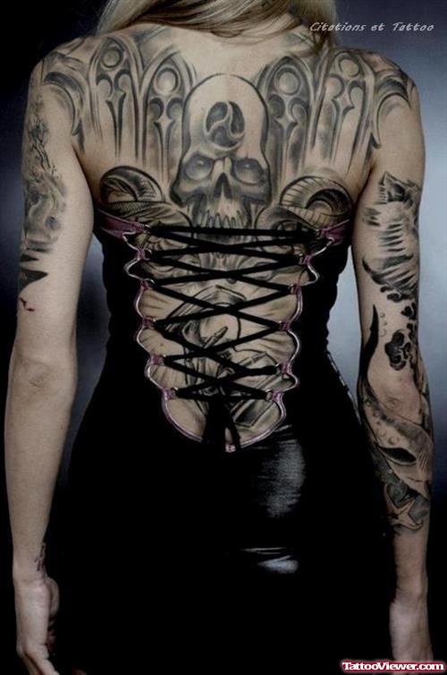 Grey Ink Gothic Tattoo On Girl Back Body