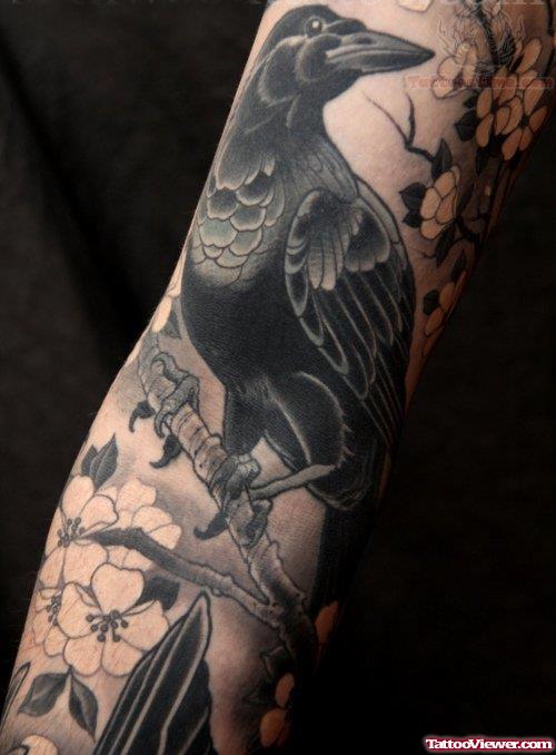 Grey ink Gothic Crow Tattoo on Sleeve