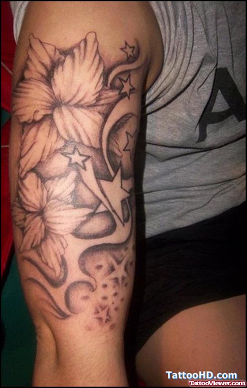 Grey Flowers and Gothic Tattoo On Right Half Sleeve