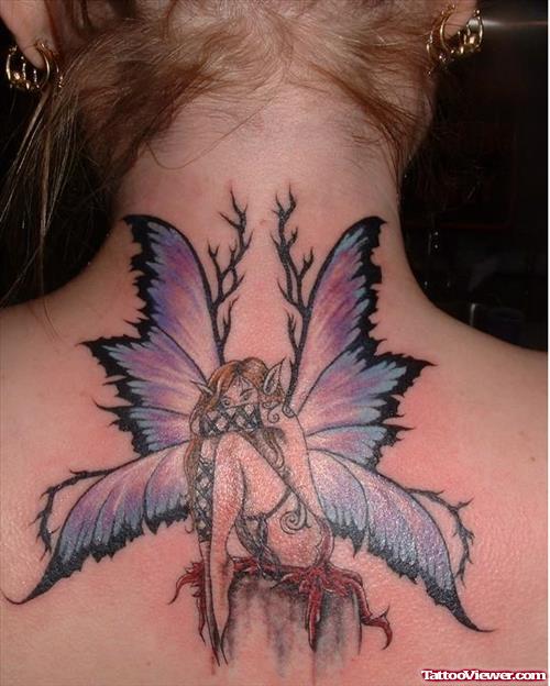 Color Ink Gothic Fairy Tattoo On Upperback