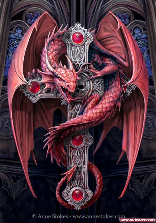Color Dragon Gothic Cross Tattoo Design