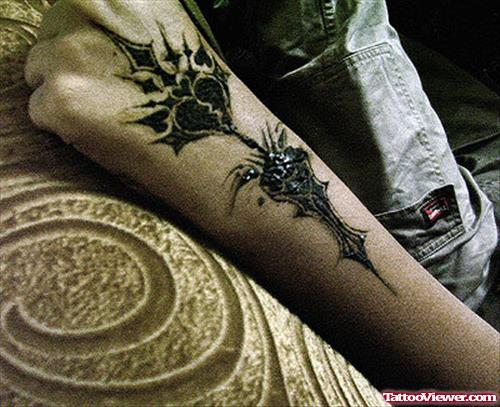 Black Ink Gothic Tattoo On Left Hand
