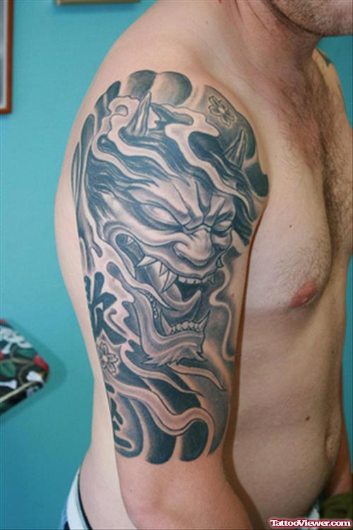 Beautiful Grey Ink Gothic Demon Tattoo On Right Half Sleeve