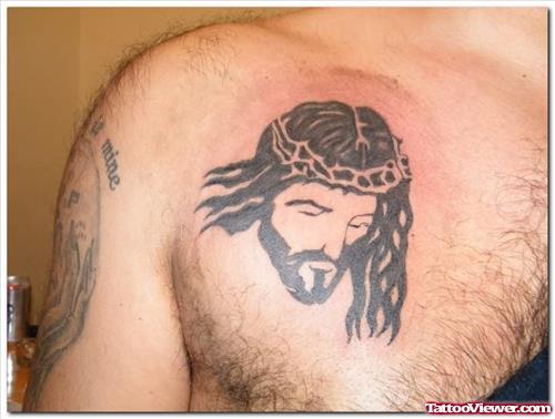 Awesome Black Ink Gothic Jesus Head Tattoo On Chest