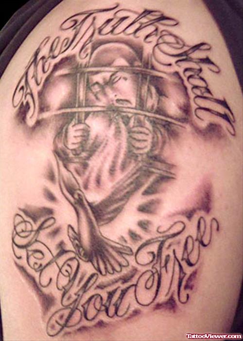 Amazing Grey Ink Gothic Tattoo On Left Shoulder
