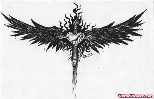 Grey Ink Winged Gothic Cross Tattoo Design