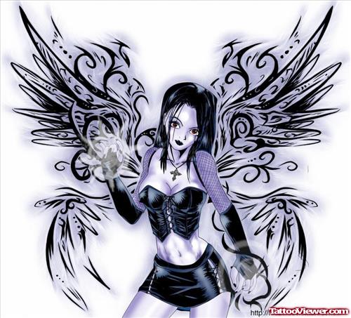 Gothic Tribal Winged Girl Tattoo Design