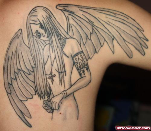 Gothic Angel Tattoo On Back Shoulder