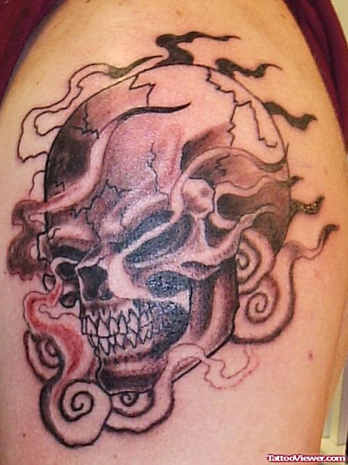 Flaming Gothic Skull Tattoo On Shoulder