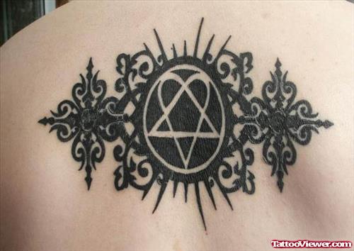 Black Ink Gothic Pentagram Tattoo On Back