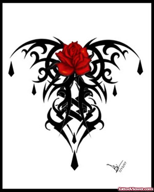 Beautiful Red Rose and Tribal Gothic Tattoo Design