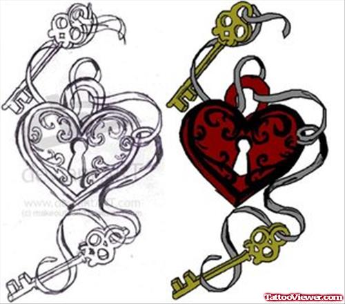 Lock Gothic Heart And Key Tattoo Design