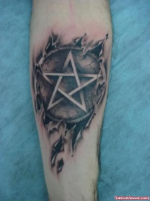 Grey Ink Gothic Pentagram Tattoo On Sleeve