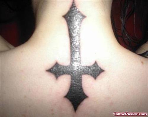 Grey Ink Cross Gothic Tattoo On Upperback