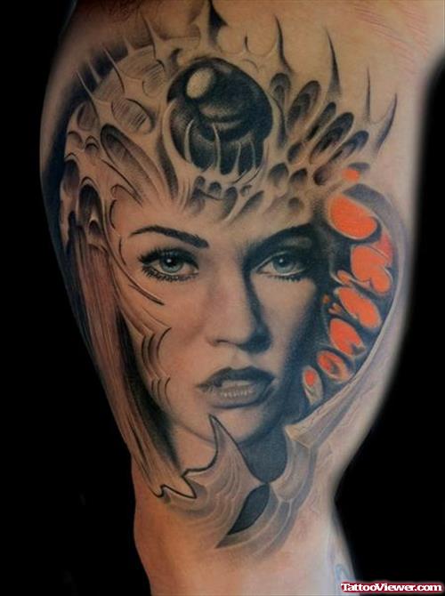Biomechanical Gothic Girl Tattoo On Bicep