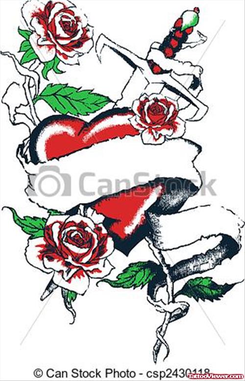 Awesome Banner And Gothic Heart And Rose Flowers Tattoo Design