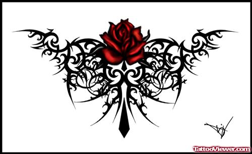 Red Rose And Tribal Gothic Tattoo Design