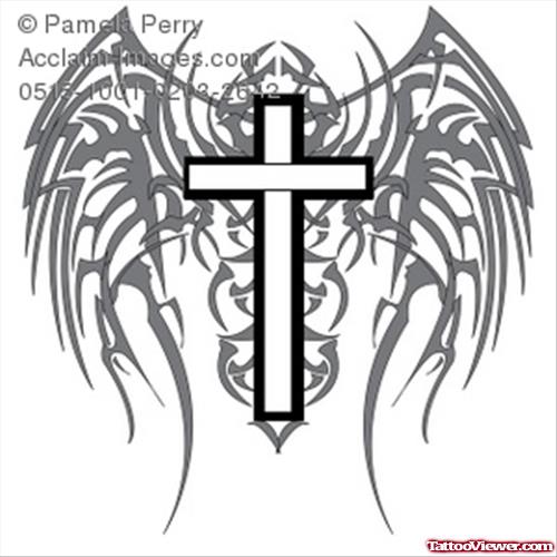 Grey Ink Tribal Gothic Winged Tattoo Design