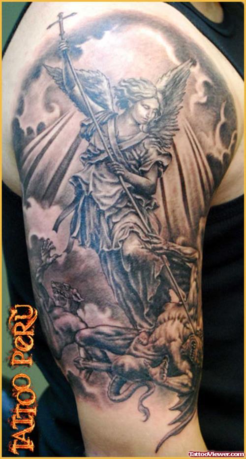 Grey Ink Gothic Tattoo On Right Half Sleeve