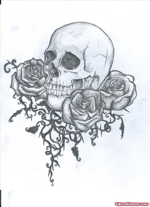 Flowers and Gothic Skull Tattoo Design