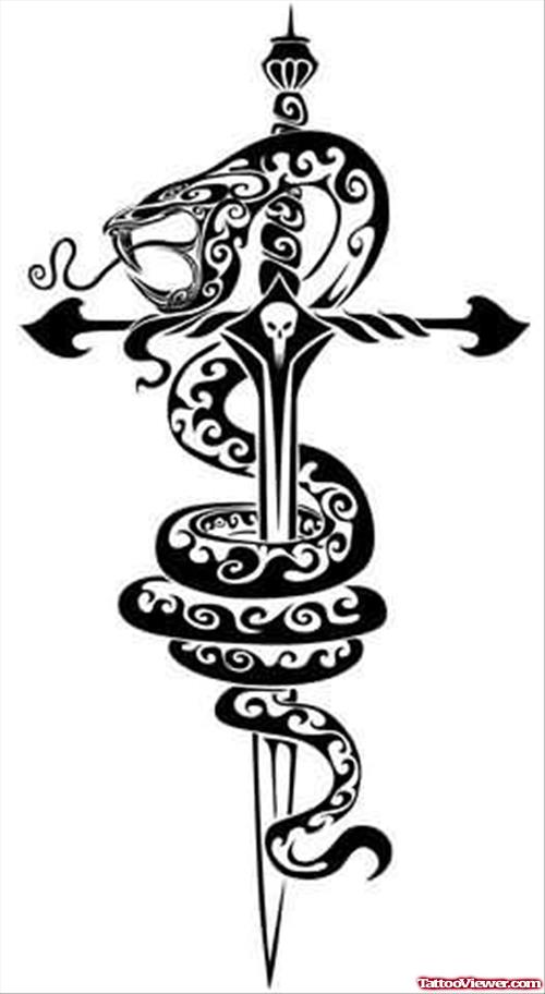 Black Ink Snake And Gothic Dagger Tattoo Design