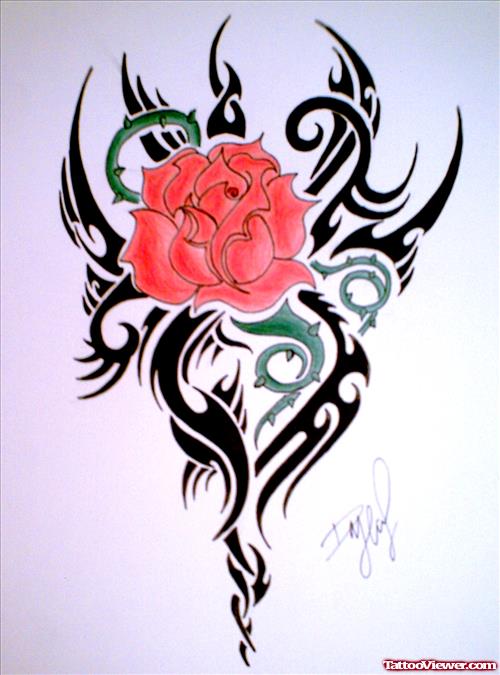 Tribal And Rose Flower Gothic Tattoo Design