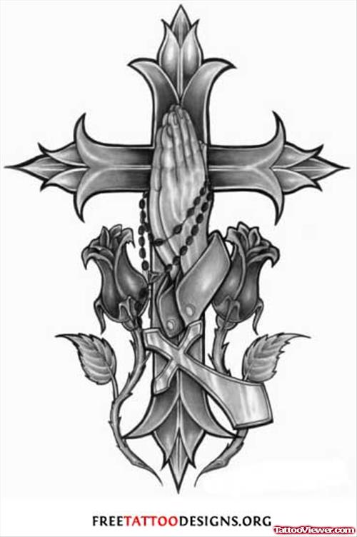 Praying Hands And Gothic Cross Tattoo Design
